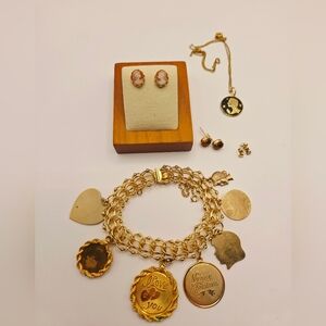 Vintage 1/20 12K G.F Charm Bracelet, Earrings And Pendent With Charm Lot Estate